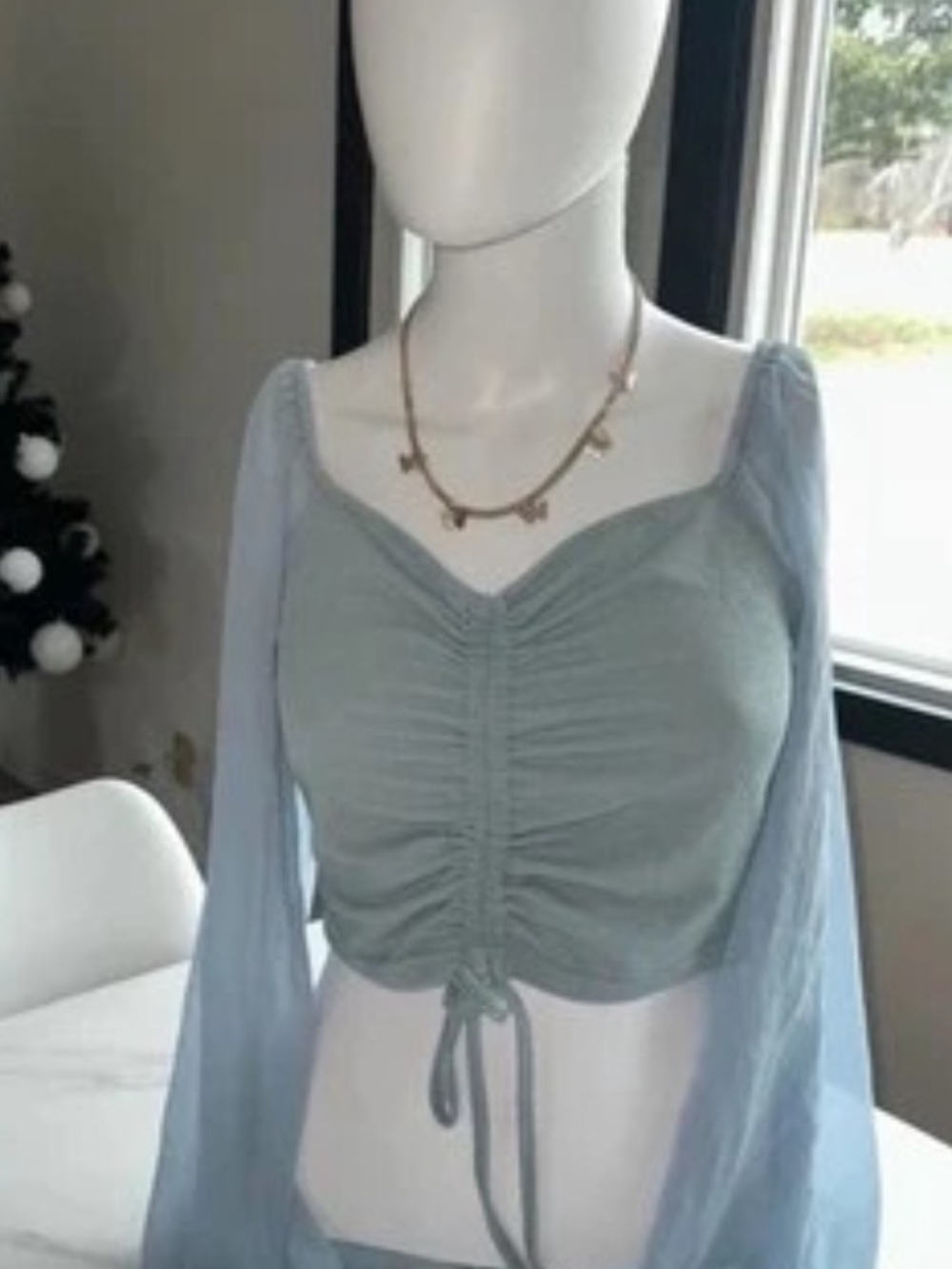 Light Blue Ruched Tie-Front Sheer Sleeve Crop Top